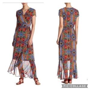 Just… Taylor faux wrap flutter sleeve tribal floral chiffon maxi dress lined EUC